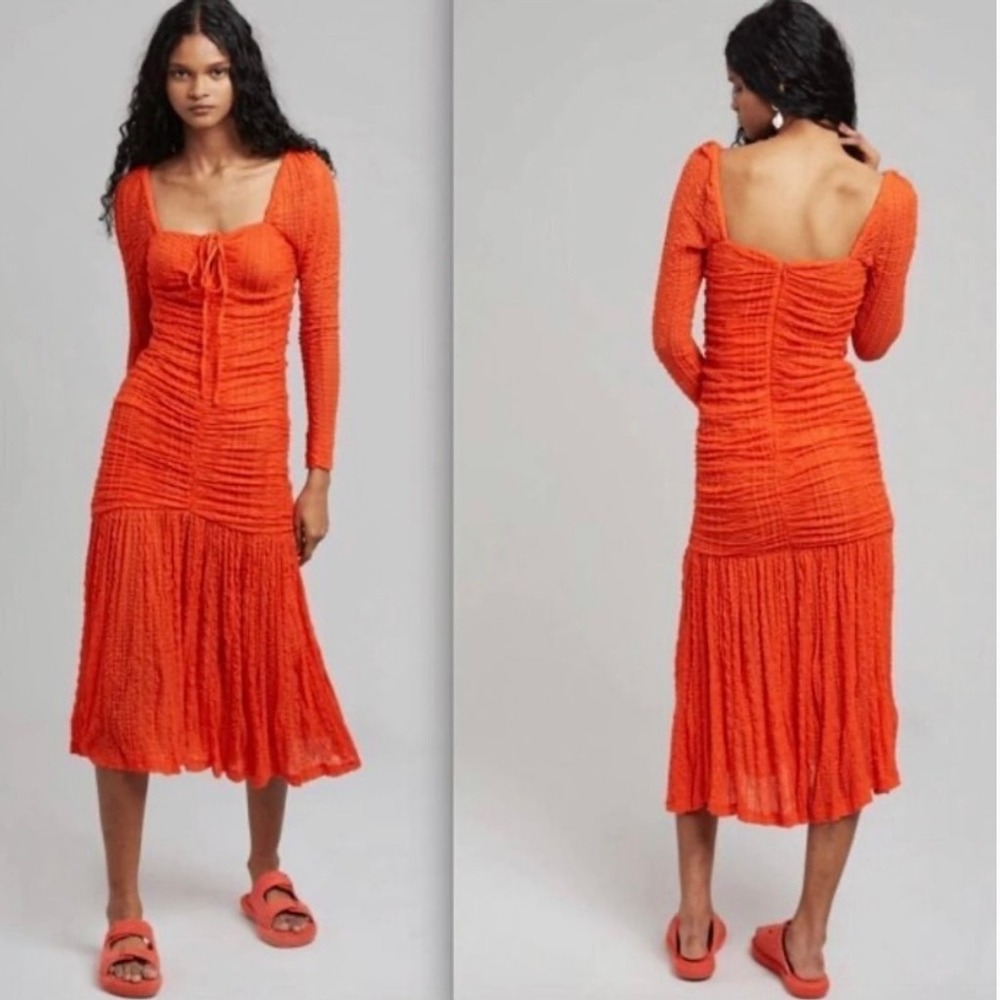 Ganni Orange Ruched Mesh Long Sleeve Midi Dress 3576 Size 36